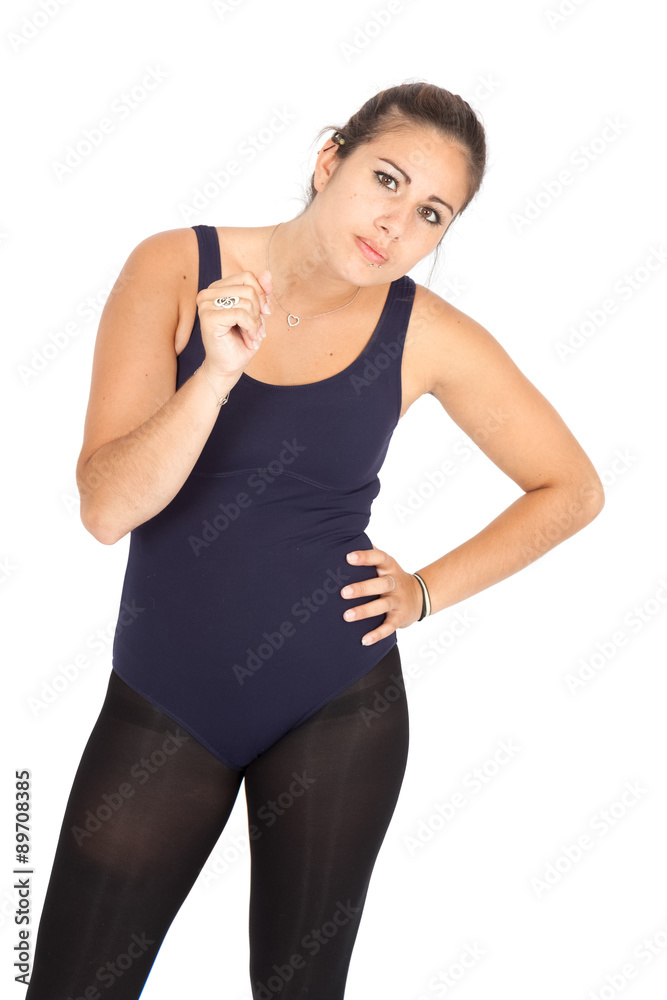 Beautiful woman doing different expressions in different sets of clothes: suspicion Beautiful woman doing different expressions in different sets of clothes: suspicion