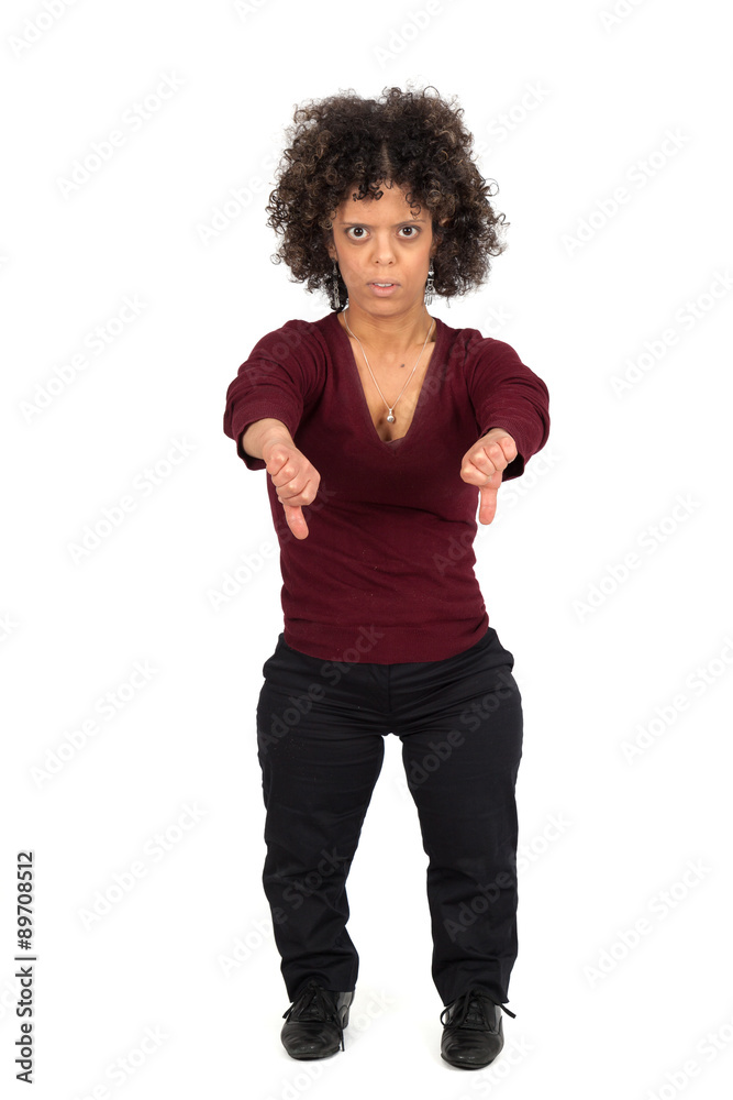 Beautiful woman doing different expressions in different sets of clothes: thumbs down Beautiful woman doing different expressions in different sets of clothes: thumbs down