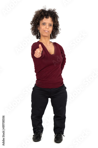 Beautiful woman doing different expressions in different sets of clothes: thumbs up