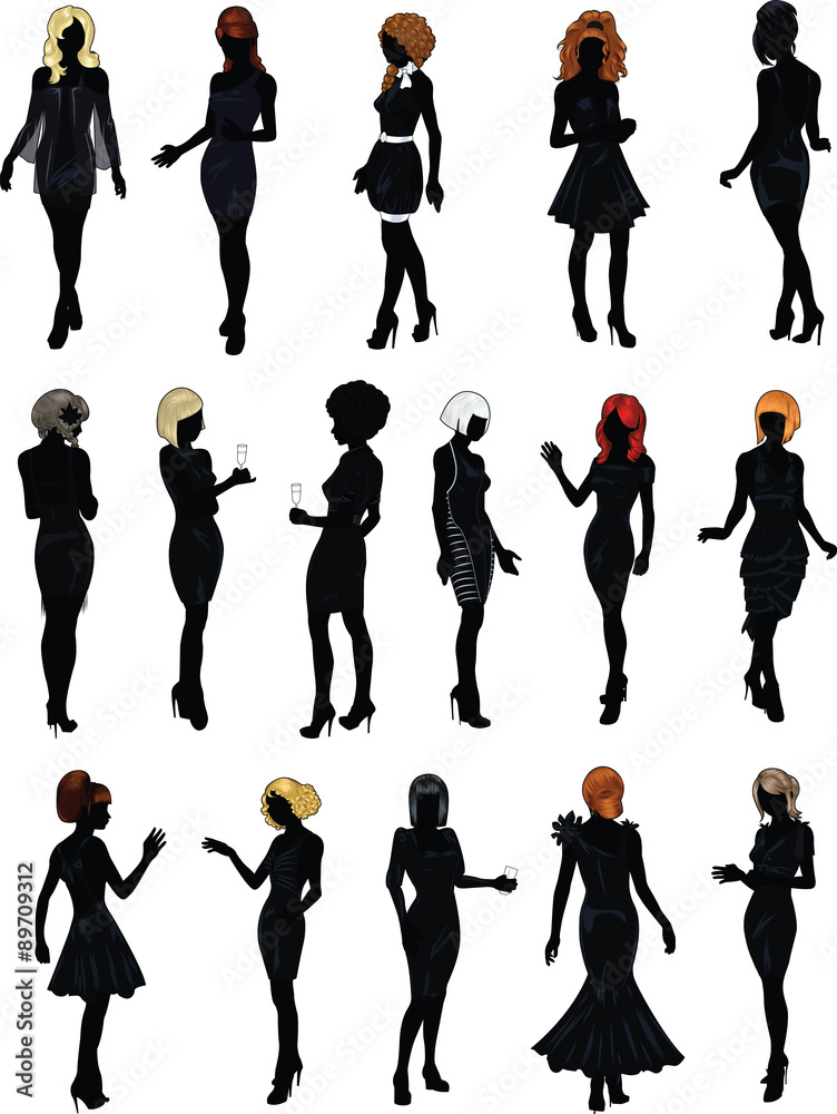 set of sixteen silhouettes of beautiful girls in detailed hairdo and black cocktail dresses set of sixteen silhouettes of beautiful girls in detailed hairdo and black cocktail dresses