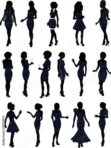set of sixteen silhouettes of beautiful girls in detailed black cocktail dresses