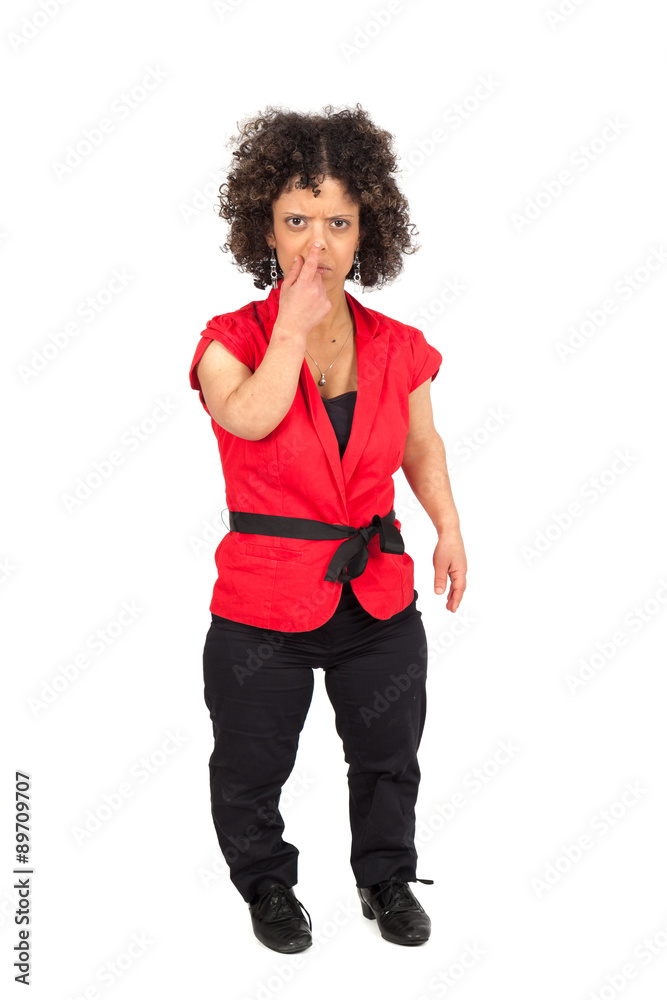 Beautiful woman doing different expressions in different sets of clothes: suspicon Beautiful woman doing different expressions in different sets of clothes: suspicon