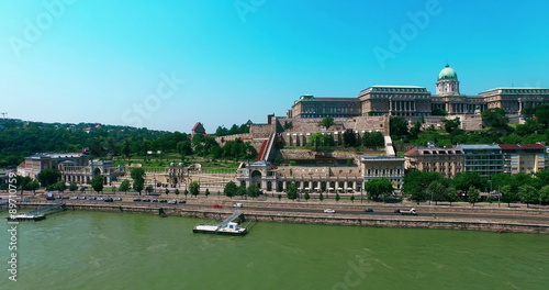 Hungary. Budapest bird eye view. Buda Castle aerial view moving right side camera. Travel tourism Landmark of Buda over Danube river.