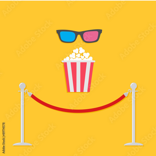 Red rope barrier stanchions turnstile 3D glasses big popcorn Cinema icon in flat design style.
