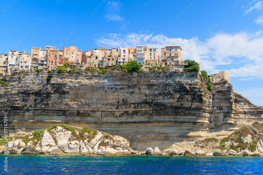 Colourful houses of Bonifacio old town built on top of a cliff, Corsica island, France