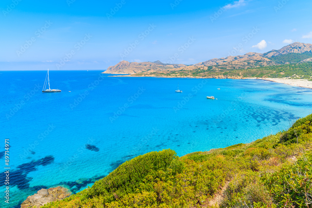 View of beautiful bay with azure sea water at Ostriconi beach, Corsica island, France