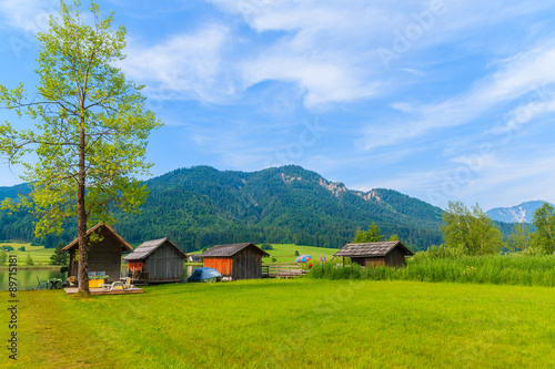 Green meadow in small alpine village on shore of Weissensee lake with traditional boat houses in background  Austria