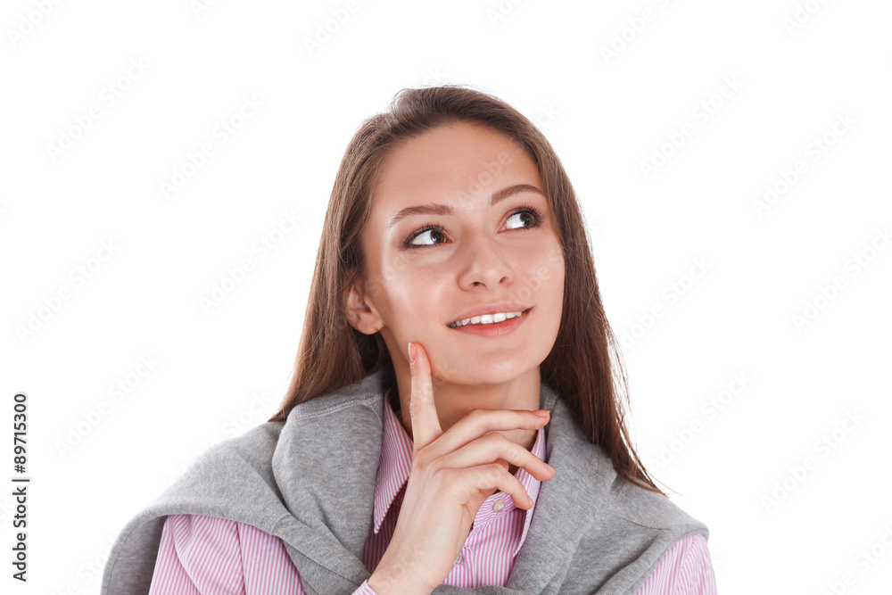 Young woman standing on the white background