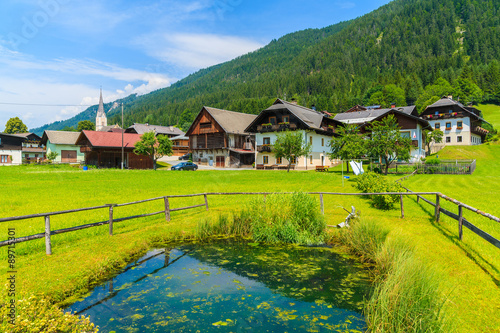 Pond on green meadow in small alpine village on shore of Weissensee lake with traditional houses in background, Austria © pkazmierczak