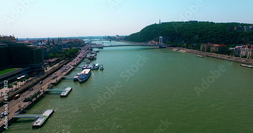 Hungary. Budapest bird eye view. Flying over Danube river. Buda and Pest aerial view moving forward camera. Travel tourism Landmark Elisabeth Bridge panoramic view.