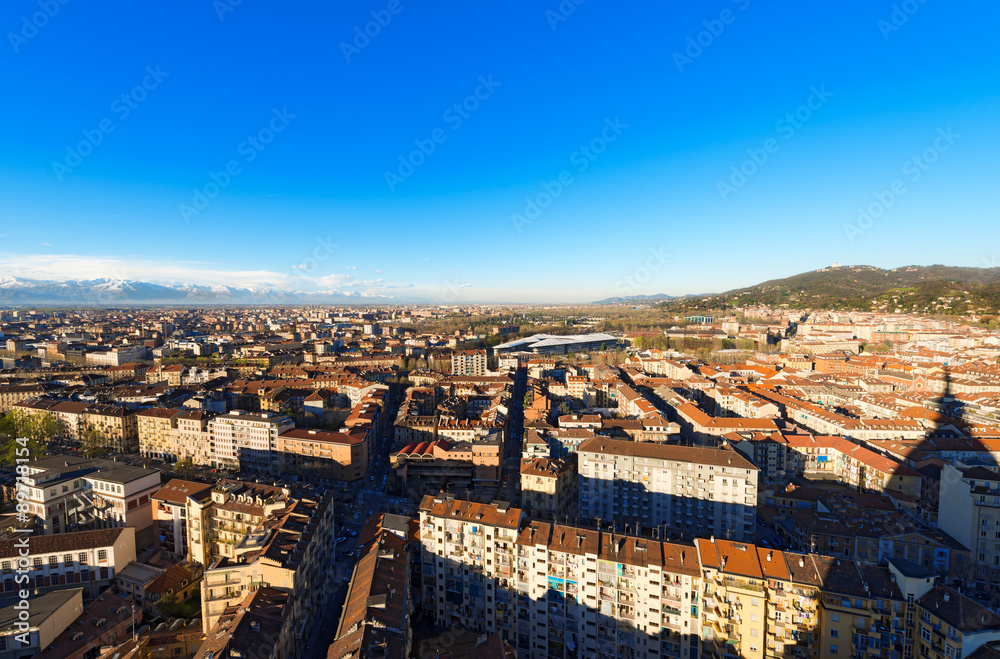 Aerial view of Turin - Piedmont Italy / Panorama from the Mole Antonelliana of the city of Turin (Torino) Piemonte, Italy