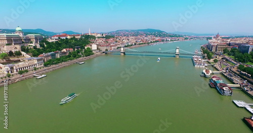 Hungary. Budapest bird eye view. Flying over Danube river. Buda and Pest aerial view moving forward camera to Chain Bridge. Travel tourism Landmark panoramic view.