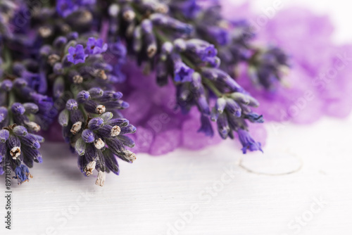 lavender bath salt and some fresh lavender