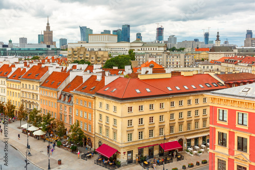 Aerial view of skyscrapers and Warsaw Old town.