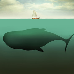 Foto auf Acrylglas Surrealismus Das kleine Boot und der riesige Wal  © vali_111