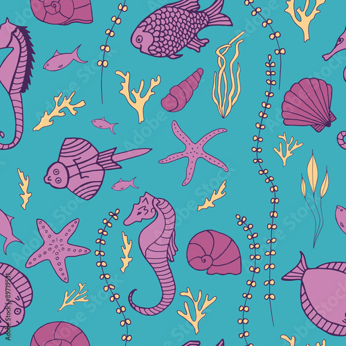 Seamless pattern with hand drawn fishes