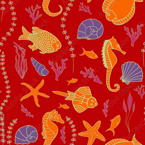 Seamless pattern with hand drawn fishes