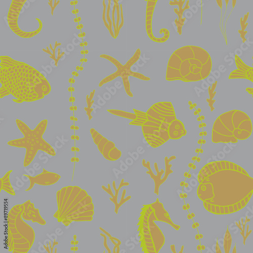 Seamless pattern with hand drawn fishes