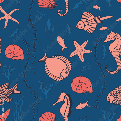 Seamless pattern with hand drawn fishes
