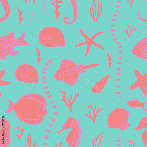 Seamless pattern with hand drawn fishes