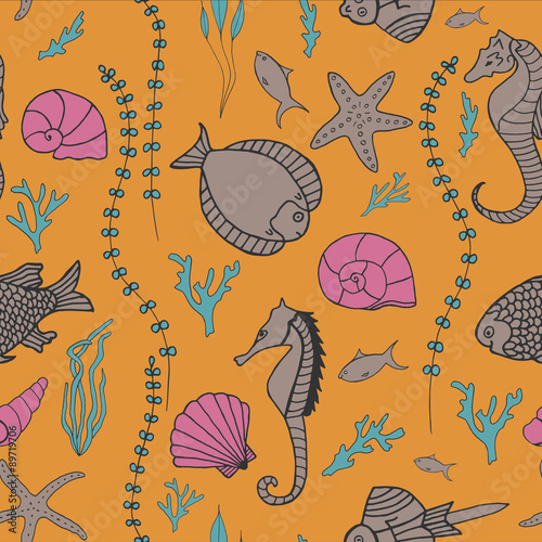 Seamless pattern with hand drawn fishes