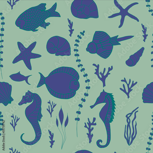 Seamless pattern with hand drawn fishes