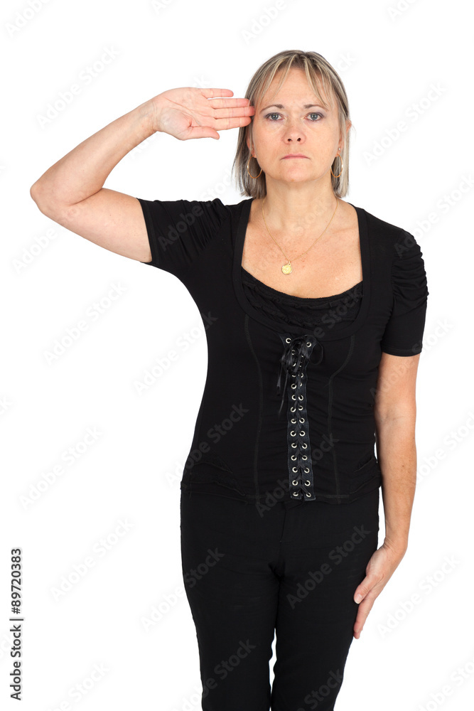 Beautiful woman doing different expressions in different sets of clothes: at attention Beautiful woman doing different expressions in different sets of clothes: at attention