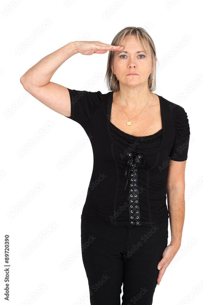 Beautiful woman doing different expressions in different sets of clothes: at attention Beautiful woman doing different expressions in different sets of clothes: at attention