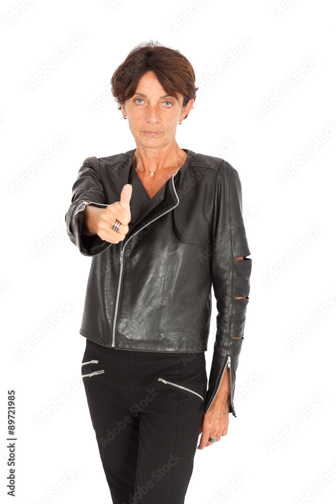 Beautiful woman doing different expressions in different sets of clothes: thumbs up