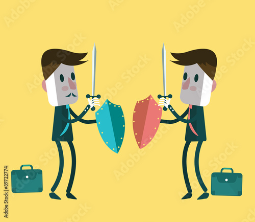 Two warrior businessmen fighting. flat character design. vector