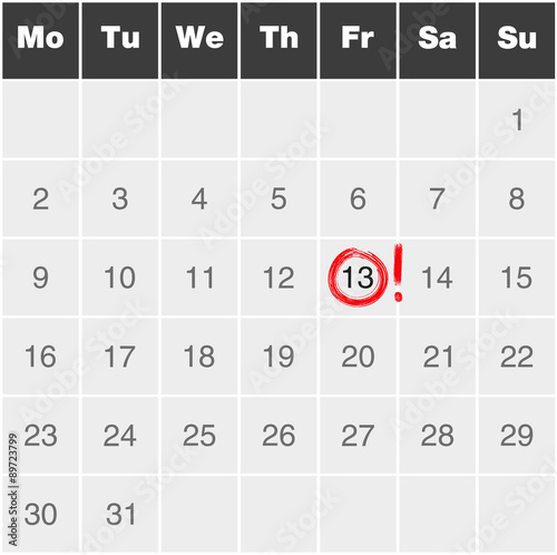 Month calendar monday to sunday with red marked Friday 13th