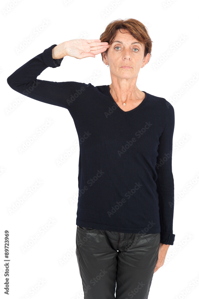 Fototapeta premium Beautiful woman doing different expressions in different sets of clothes: at attention