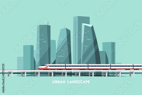Cityscape background. Urban landscape. Downtown with skyscrapers and railway. Vector flat illustration.