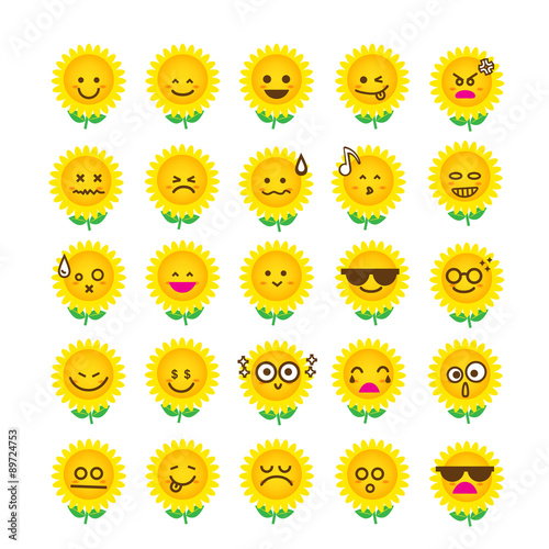 Collection of difference emoticon icon of sunflower on the white
