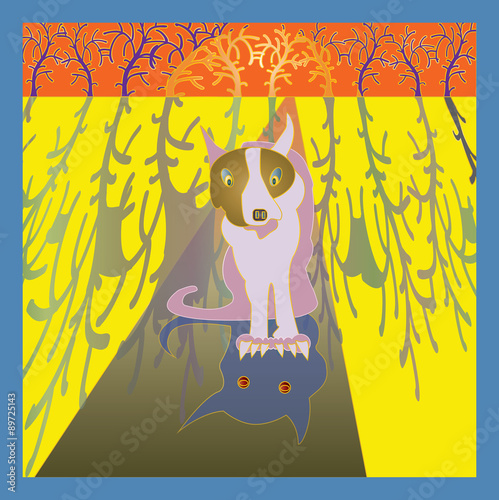 spooky dog sitting outside in a winter Halloween landscape.