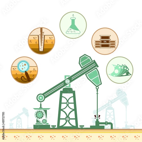 color oil derrick and circle icons with stages of process oil production