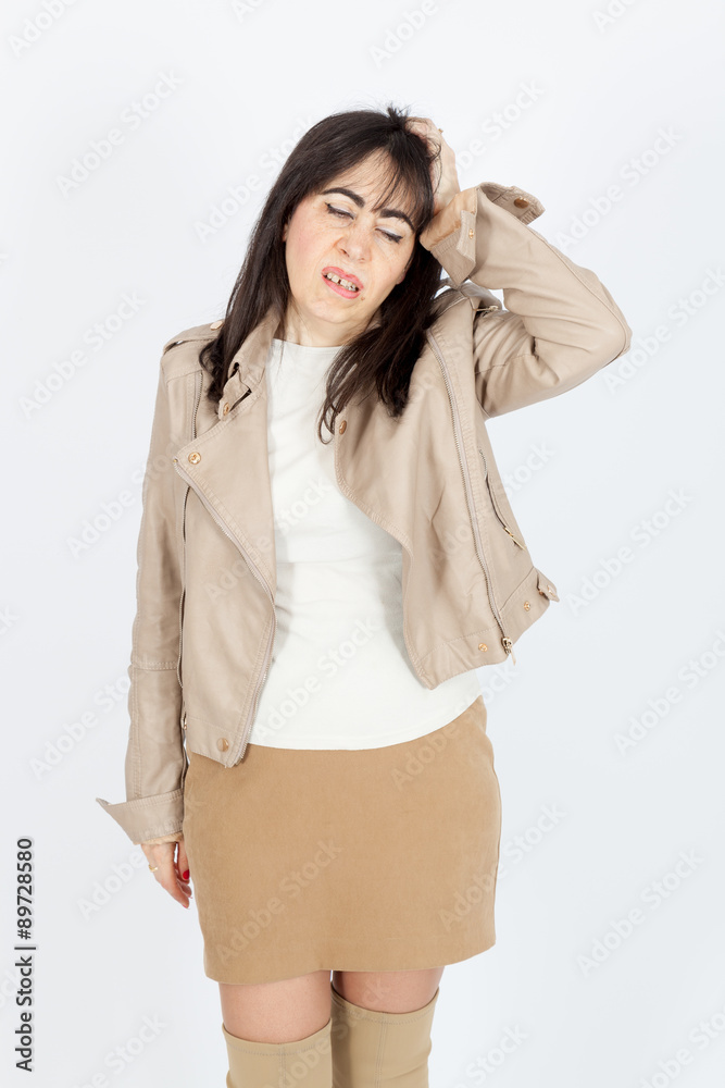 Beautiful woman doing different expressions in different sets of clothes: headache
