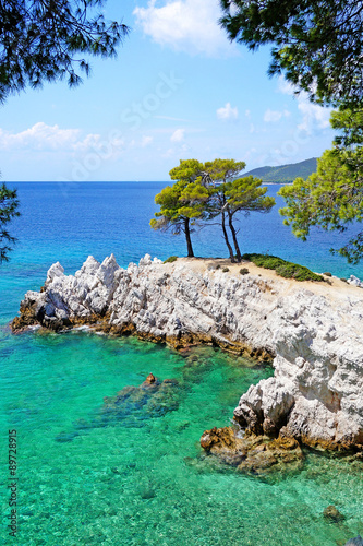 Turquoise Sea Waters Around a Rocky Cape / Amarantos Cape of Skopelos Island / "Mamma Mia!" Film Location