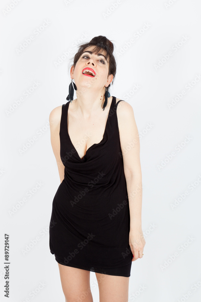 Beautiful woman doing different expressions in different sets of clothes: joy