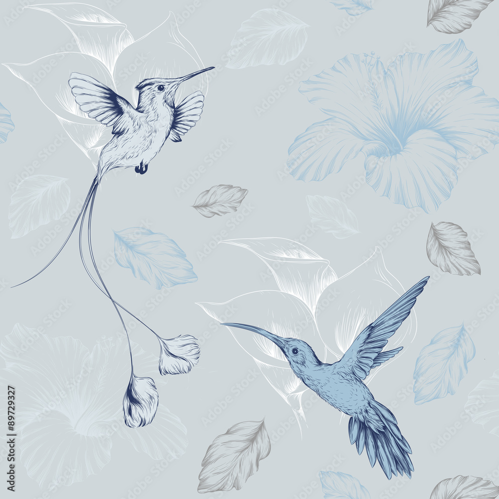 vector pattern with birds hummingbirds and flowers in color goluboom