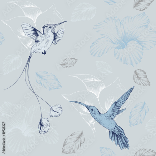 vector pattern with birds hummingbirds and flowers in color goluboom © aniskova_yulia