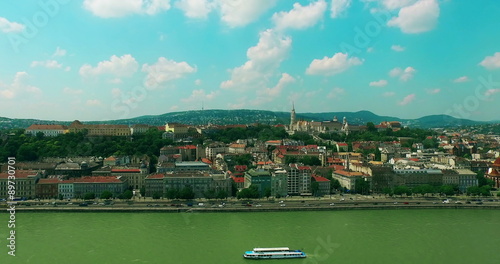 Hungary. Budapest bird eye view. Flying over Danube river. Approaching to Buda aerial view moving forward camera. Travel tourism Landmark of Buda panoramic view.