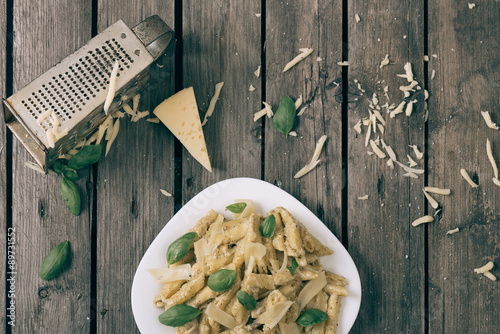 Italian pasta on the wooden table,