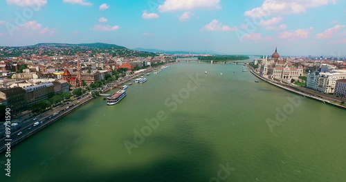 Hungary. Budapest bird eye view. Flying over Danube river. Buda and Pest aerial view moving backward camera. Travel tourism Landmark panoramic view.