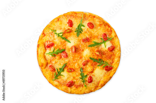 Delicious pizza with cherry tomatoes, mozzarella and fresh arugu