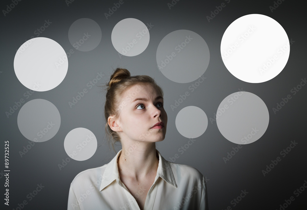 Girl in white and gray bubbles. Girl in white and gray bubbles.