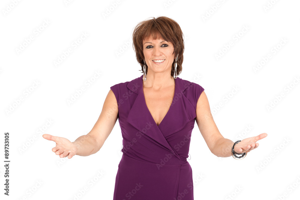 Beautiful woman doing different expressions in different sets of clothes: welcome Beautiful woman doing different expressions in different sets of clothes: welcome