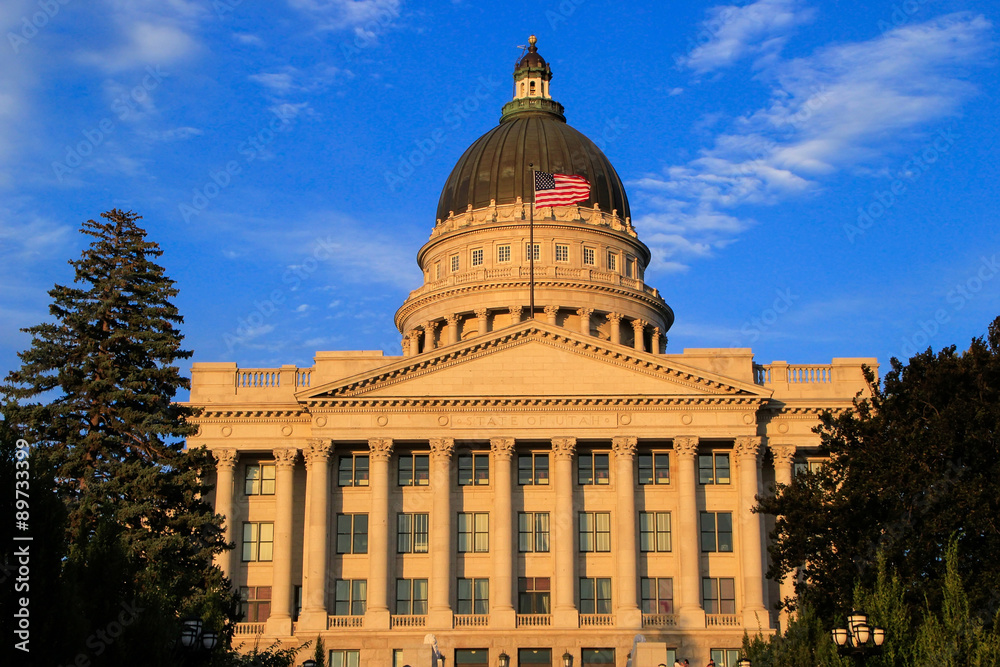 Closeup of Utah State Capitol with warm evening light, Salt Lake