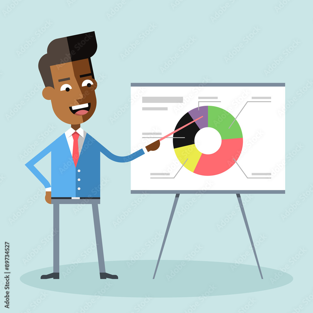 Handsome african american manager gives a presentation and shows a diagram Cartoon character - african businessman Suit and tie Report, training Stock vector illustration style flat
