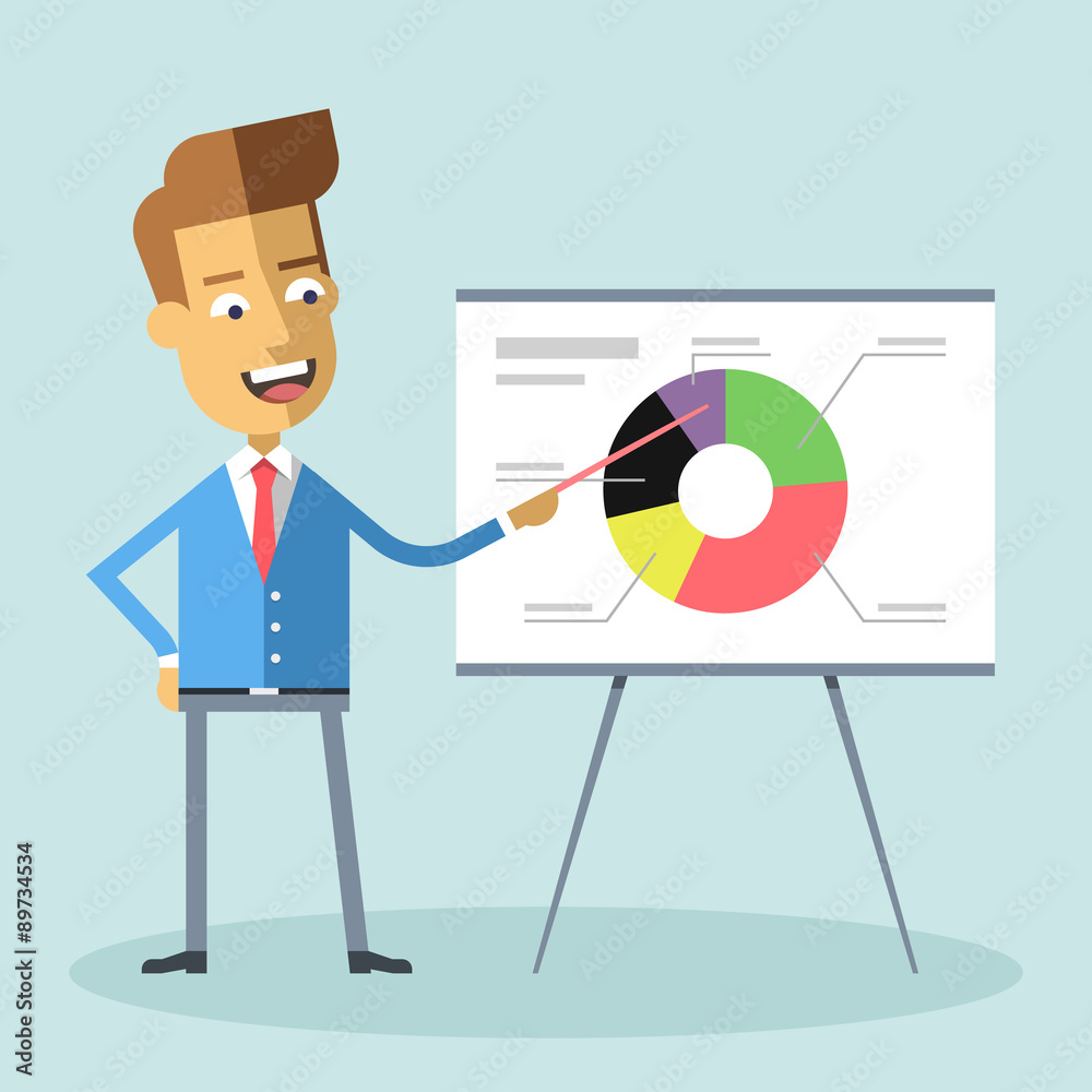 Handsome manager in formal suit gives a presentation and shows a diagram Cartoon character - businessman Suit and tie Report, training Stock vector illustration style flat Handsome manager in formal suit gives a presentation and shows a diagram Cartoon character - businessman Suit and tie Report, training Stock vector illustration style flat